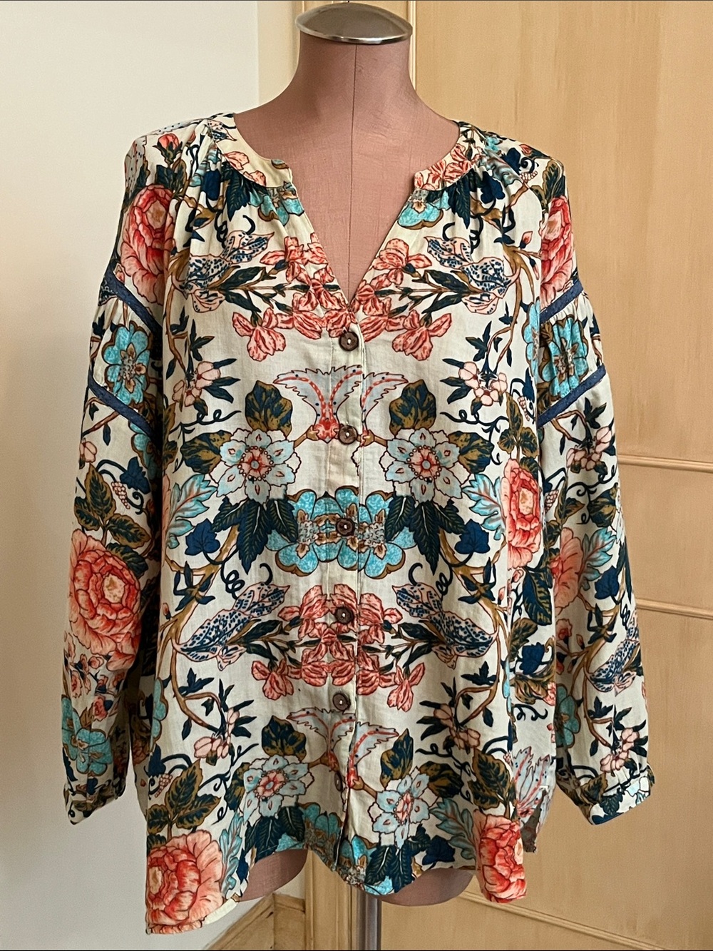 SOFT SURROUNDINGS Boho Peasant Cottage Multi Floral & Lace 100% Cotton Top 2X